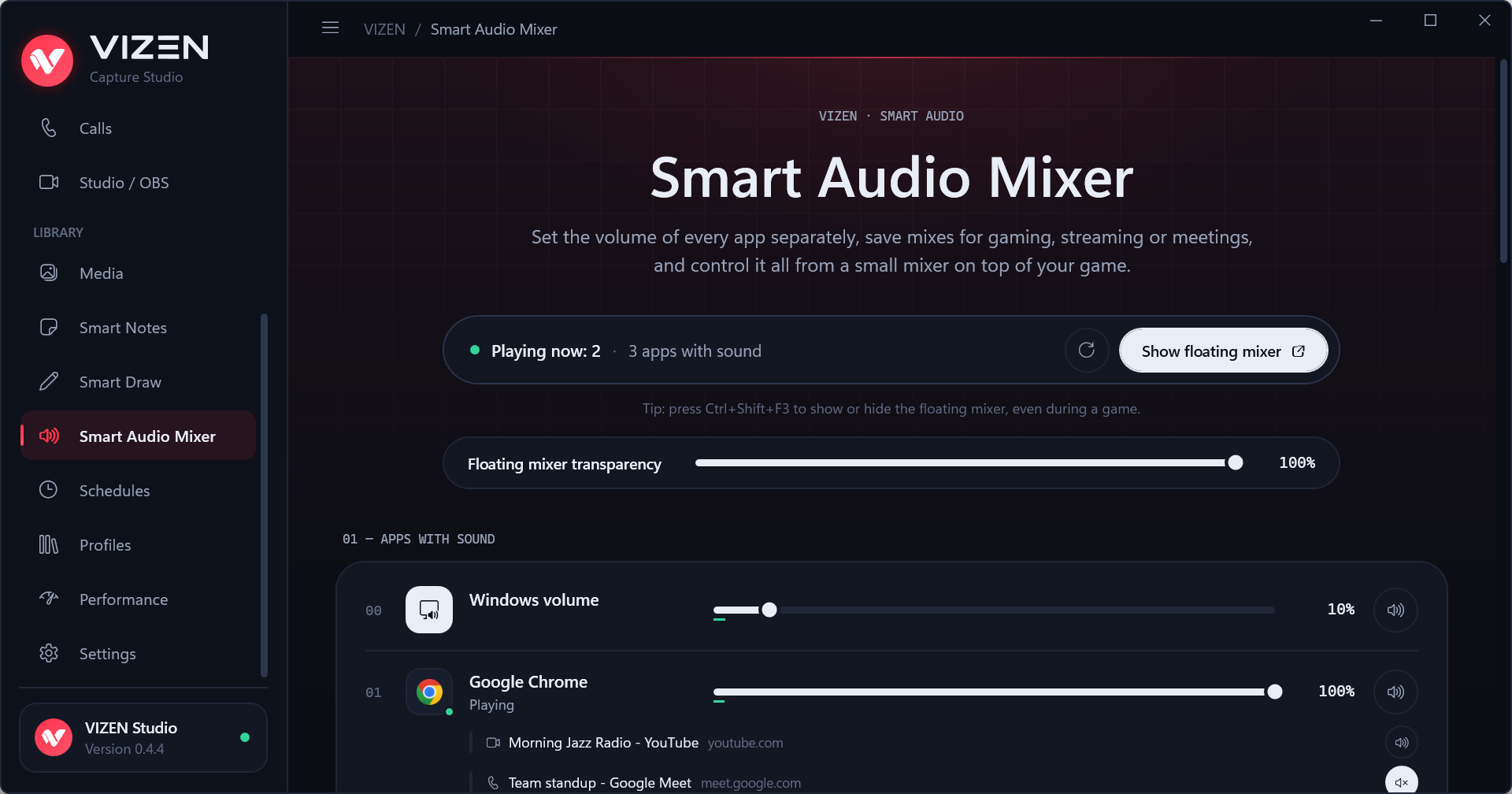 VIZEN Smart Audio Mixer with per-app volumes and browser tabs