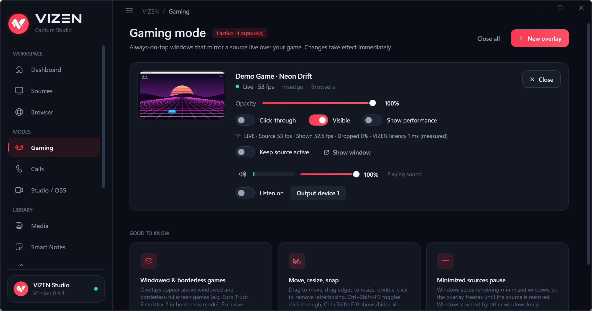 VIZEN Gaming mode with a live overlay of a game, showing 53 frames per second and no dropped frames